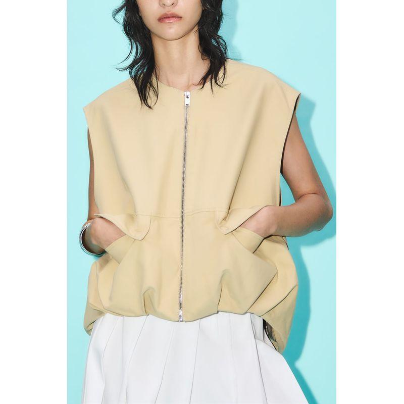 Early Autumn New Women's Clothing Waistcoat round Neck Sleeveless Commute Leisure Ruched Hem Cotton Vest 7864386