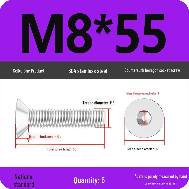 M2-M10 Stainless Steel Flat Head Machine Screws and Bolts Set, Countersunk Hex Socket Cap, 304 Grade.