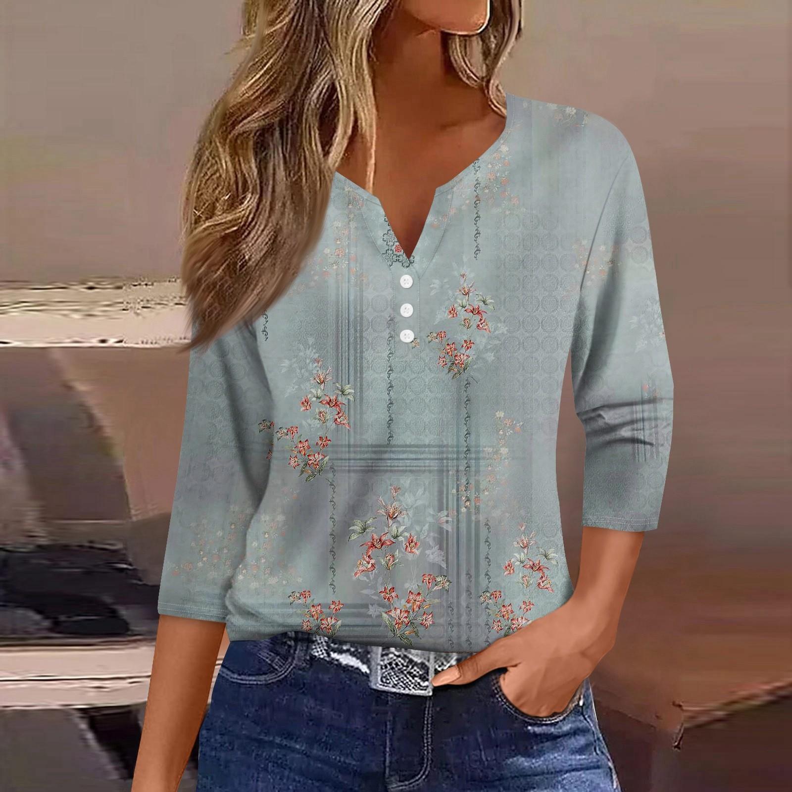 

Women s T Shirt Tee Print Button 3/4 Sleeve Daily Weekend Fashion Basic V- Neck Regular Top L