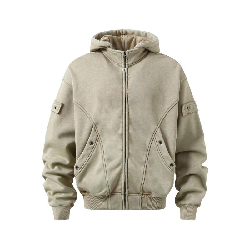 Mens Oversized Hooded Zip-Up Sweatshirt With Graffiti Print Patch Detail Fleece-Lined Streetwear Fall