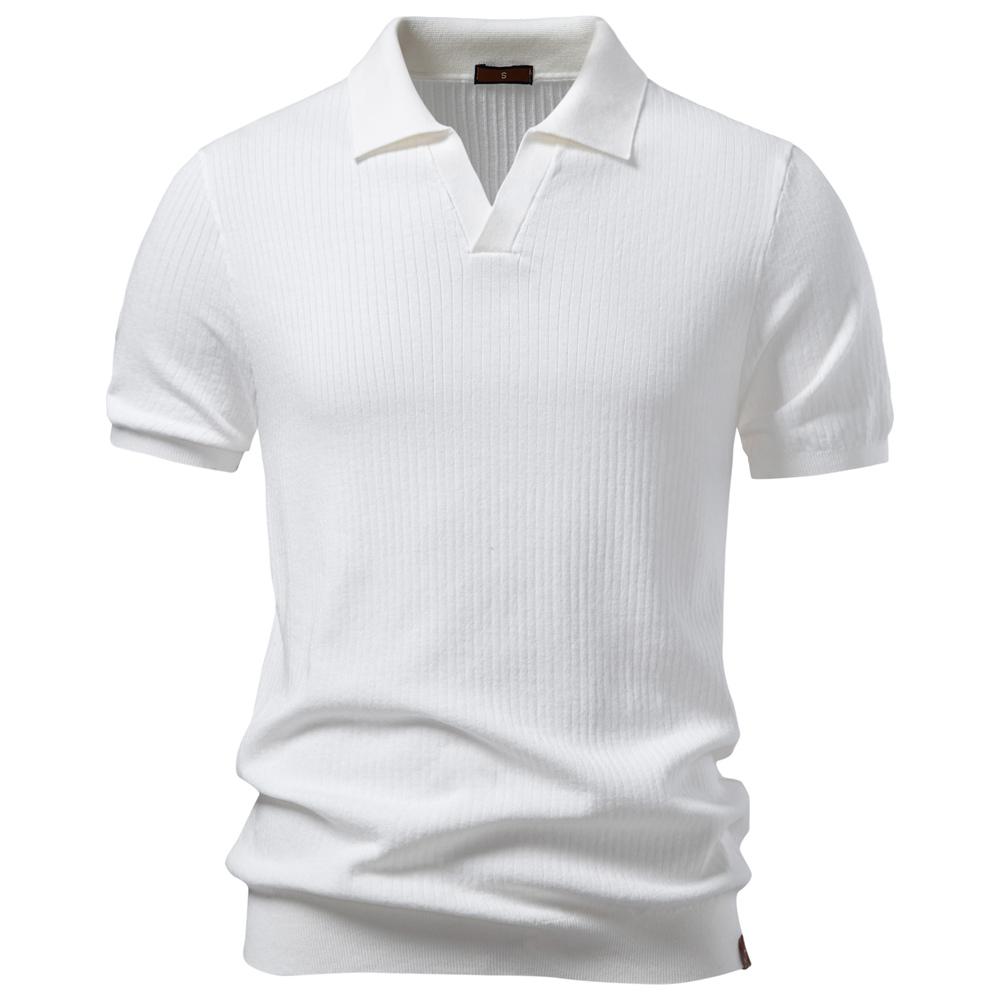 AIOPESON Heren Geribbelde Gebreide Poloshirt Omgeslagen Kraag IJszijde Korte Mouw Smart Casual Old Money V-hals Pullover Top EUR XXL 95-105kg wit