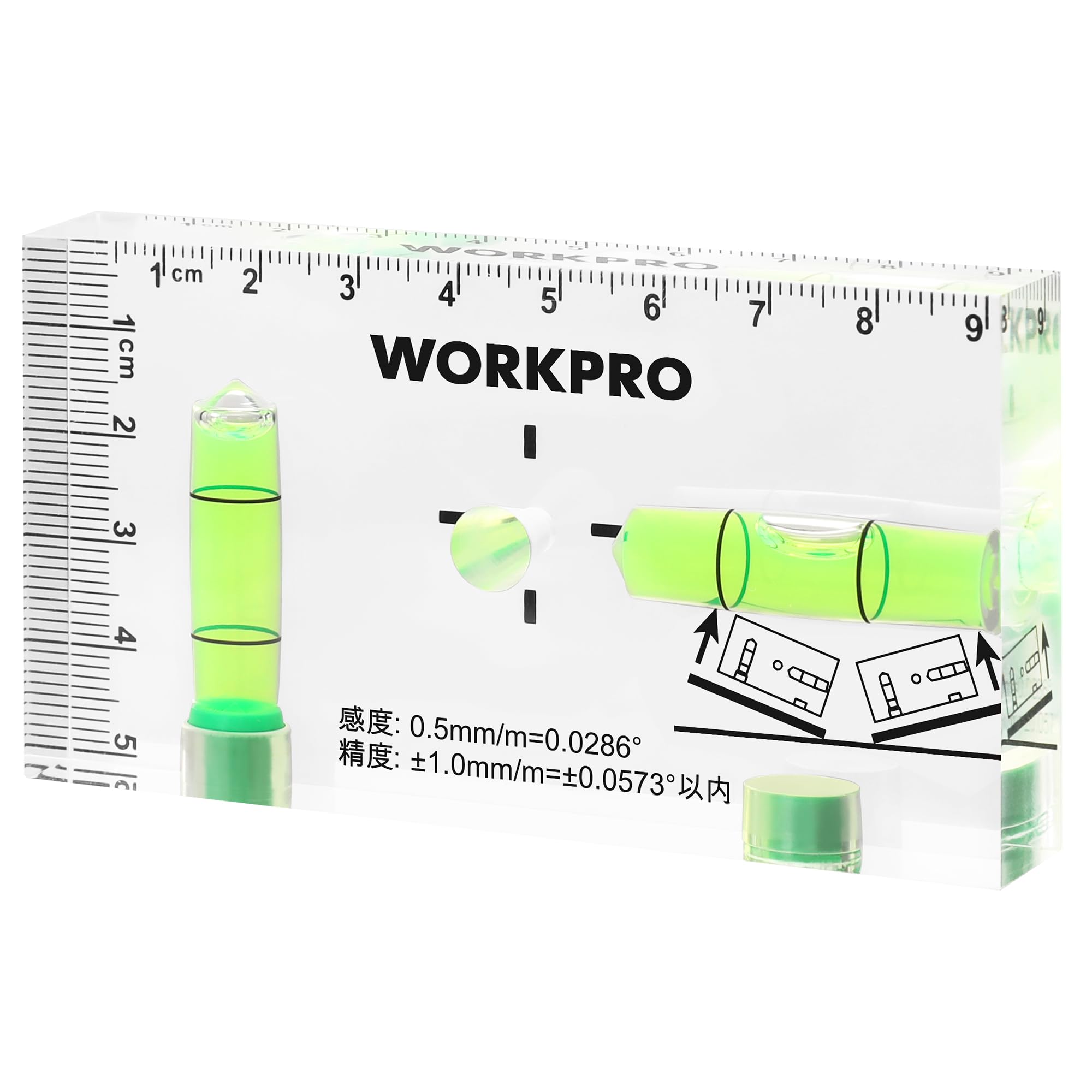 WORKPRO Мини-мини коробка-переключатель Скрайбинг Кристальный акриловый тубус Пузырьковый магнит Горизонтальный и вертикальный 95 мм с делениями Уровень, Уровень, Уровень, Уровень,