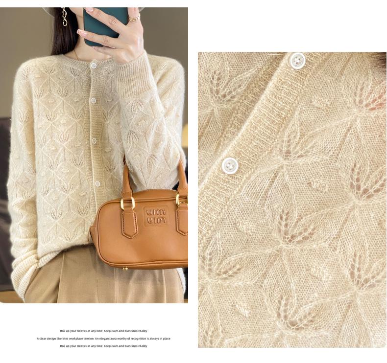 Women's Round Neck Long Sleeve Wool Cardigan - Hollow Jacquard Knit Sweater Jacket