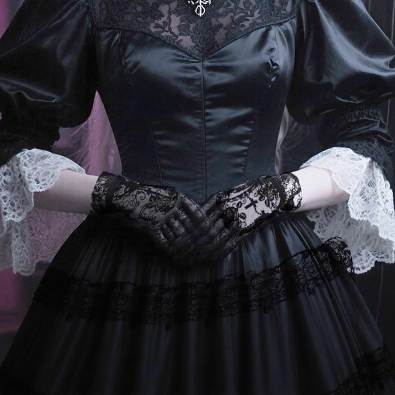 Dark Skull Cross Gothic Lace Mesh Gloves for Halloween Cosplay