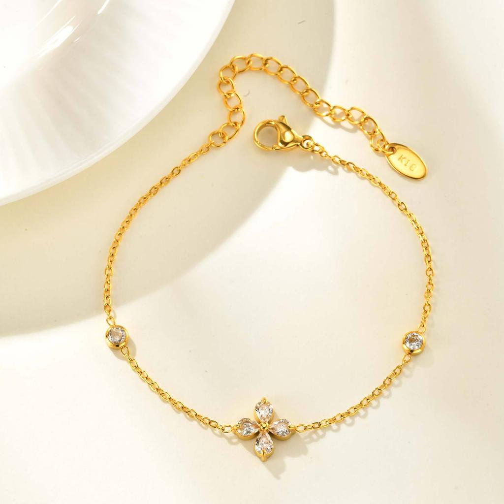 Wind Stainless Steel Shiny Zircon Flower Bracelet 18K Gold, Fashionable Light Luxury High-End Jewelry Br-2653