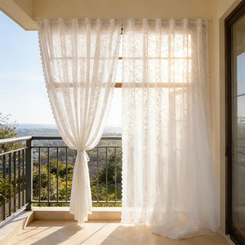 French Window Curtain No Drill Pleated Blinds for Patio Doors Sheer Voile Drapes Light Filtering Privacy Screen for Balcony Home
