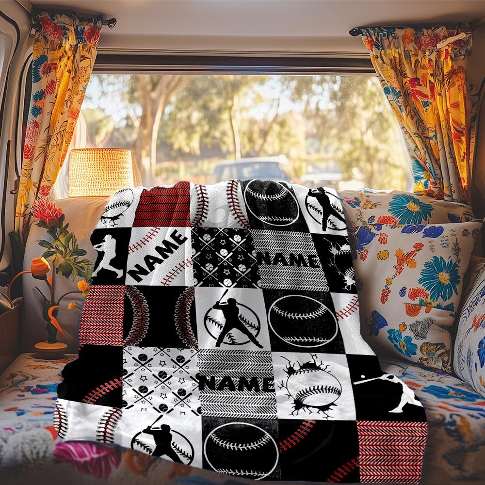 Baseball Theme Customize Your Name Rv Blanket Comfortable Soft Lightweight All Season Multi Purpose Blanket For Travel Camping Picnics Sofas Rvs Beds