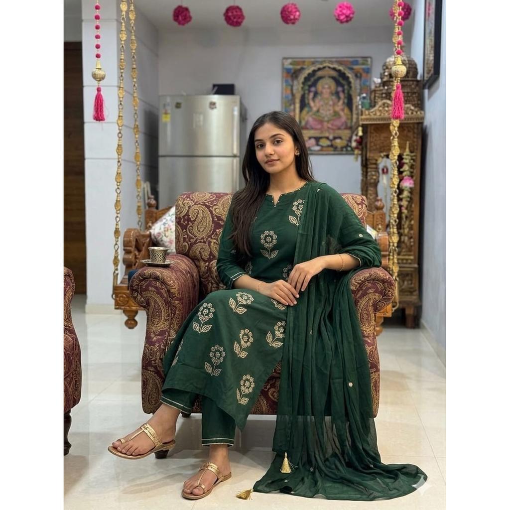 Pure Cotton Party Wear Kurti Pant Dupatta Set Indian Bollywood Ethnic Kurta Set
