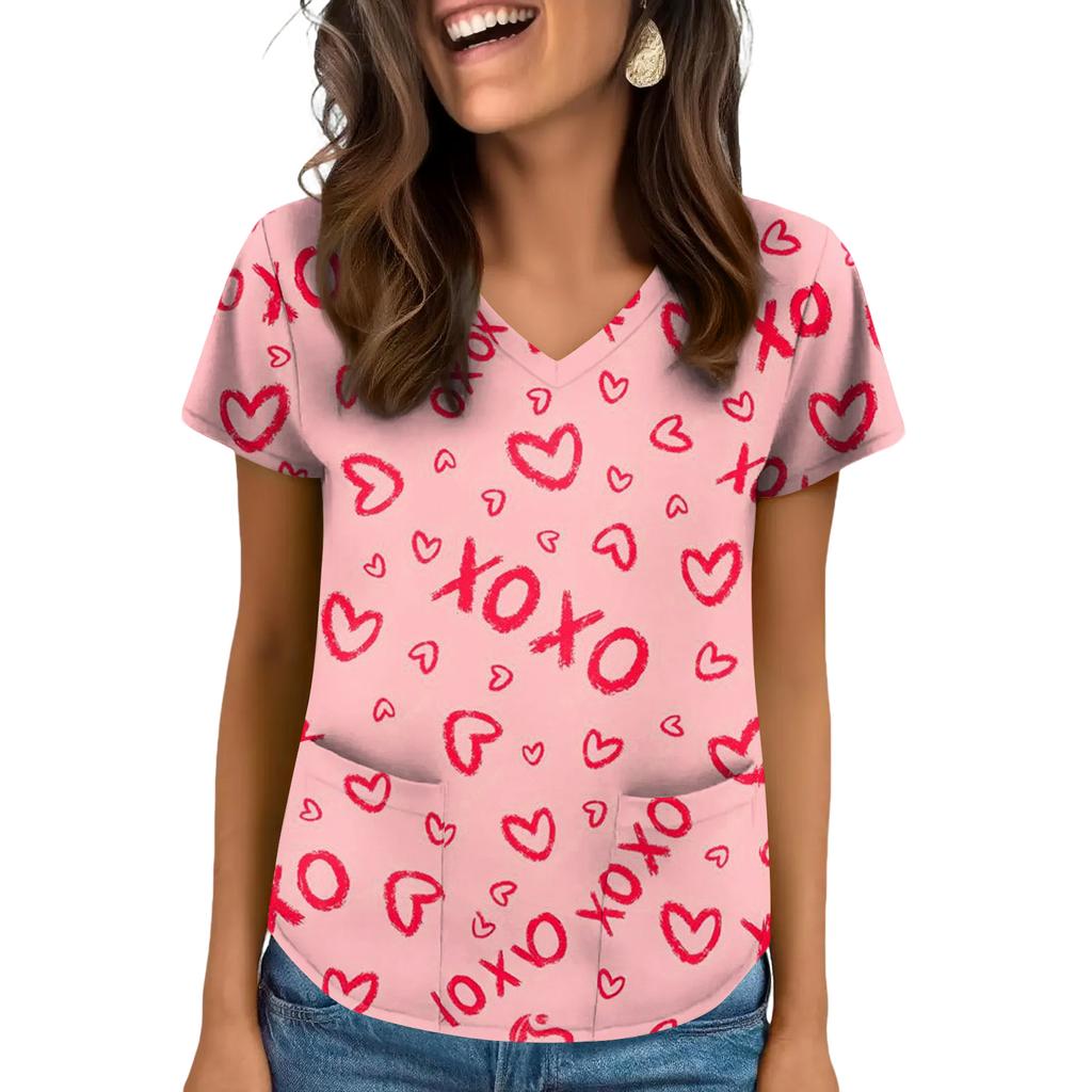 Women's V-neck Valentine's Day Printed Short-sleeved Top With Pockets And Side Slits, Suitable For Caregivers.