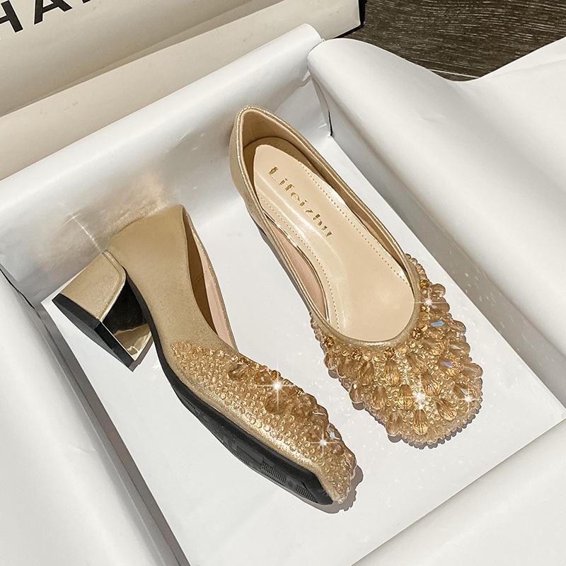 

Soft Sole Thick Heel Shallow Mouth Square Head Grape Rhinestone Large Size Women s Shoes 35 золотий