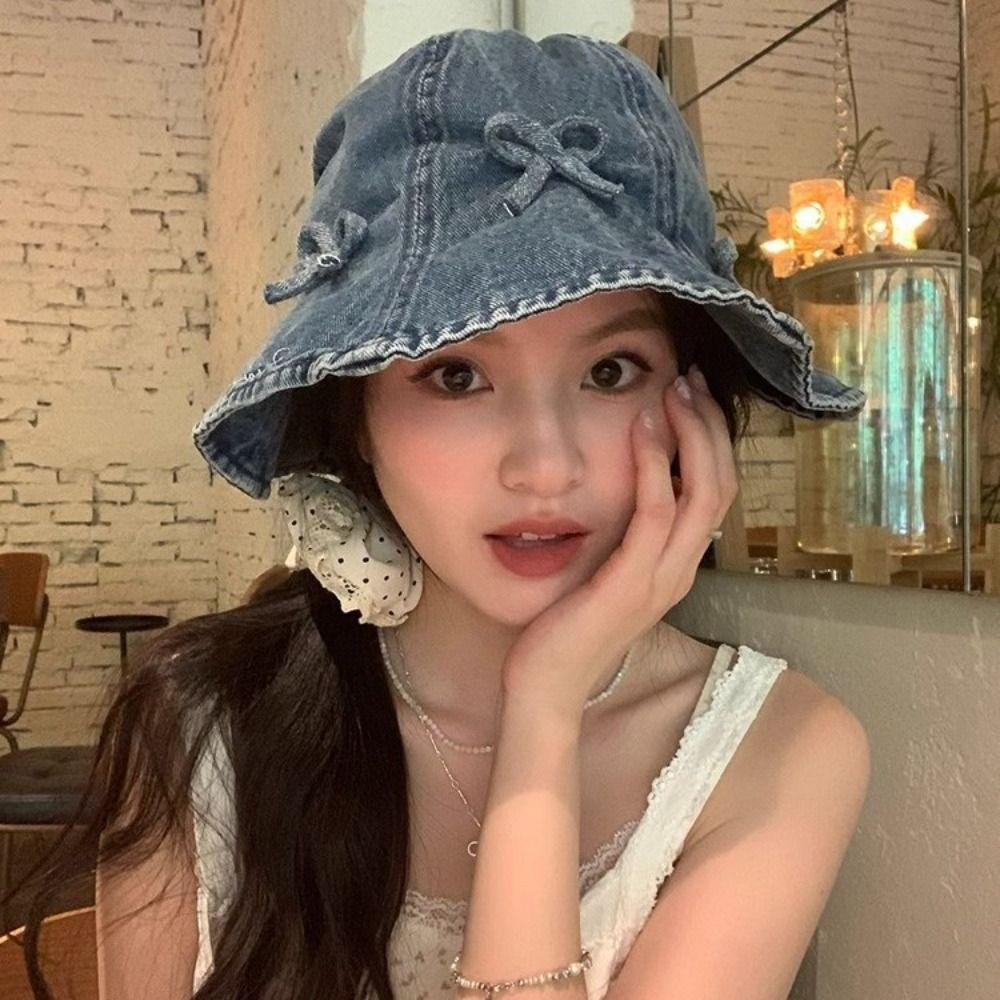 Bowknot Denim Bucket Hats Sweet Basin Caps for Men Cute Sunscreen Hat For Women