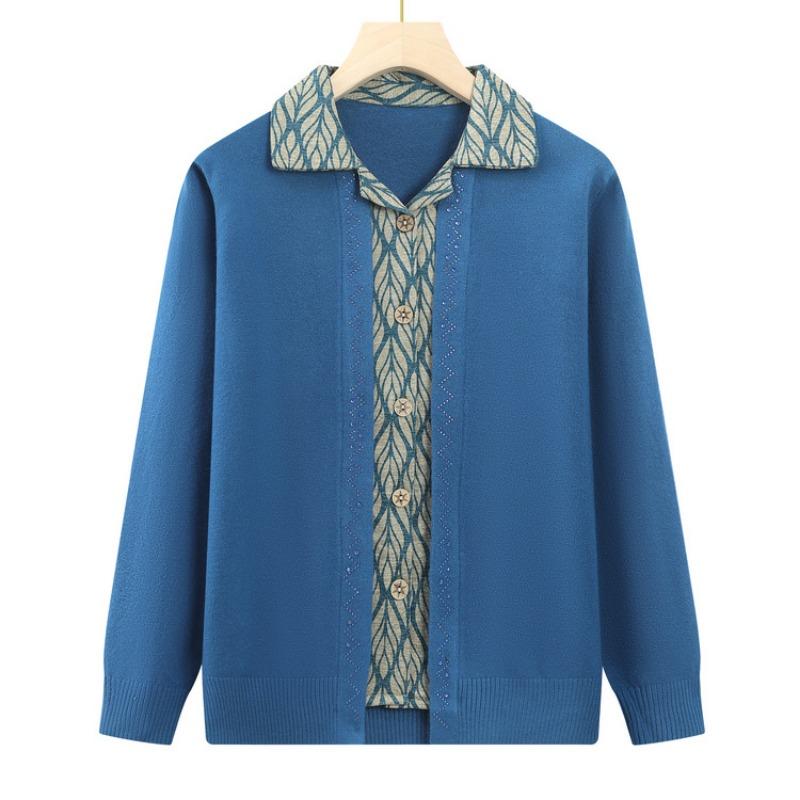 

Кардиган осенний бабушкин, имитация двойки, вязаная куртка-свитер для женщин среднего и пожилого возраста, рубашка для мамы 0 лет 5XL (recommended 150-82.5kg) синий