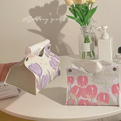 Tissue Holder Tulip Flower Print Waterproof Faux Leather Button Multi-functional Modern Desktop Napkin Dispenser Box Living Room Supplies