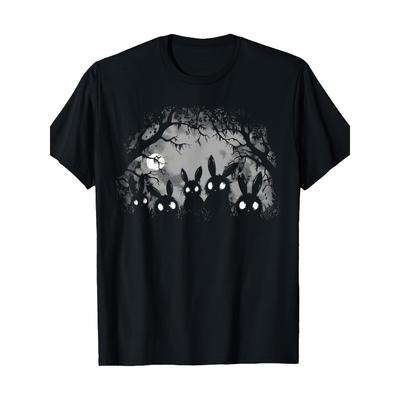 European Sizes Men's Gothic Rabbit Horror Cute T-Shirt - Dark Aesthetic Black & White Rabbit Print with Glowing Eyes, Spooky Night Forest Design