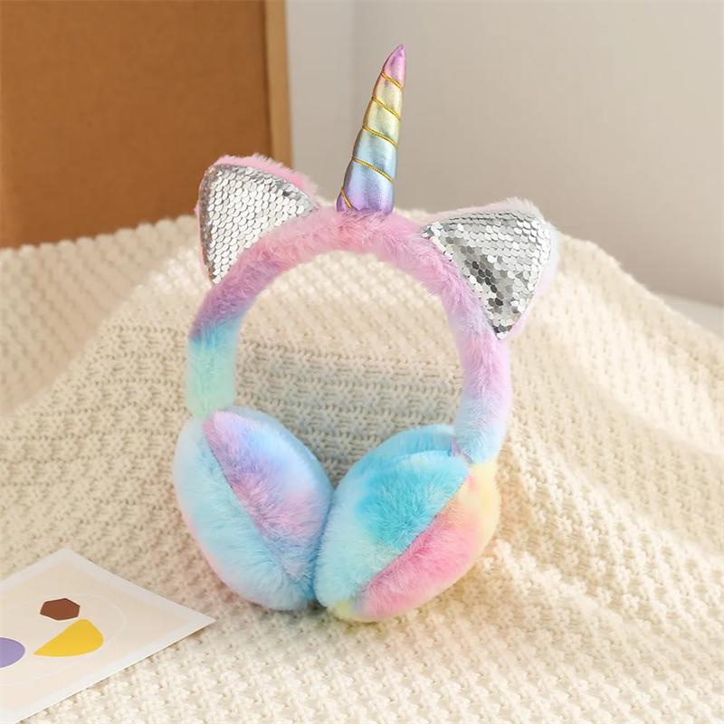 Children Kids Cute Unicorn Earmuffs Sequin Cat Ears Ear-Muffs Cover Winter Warm Fur Plush Headband Women Tie-dye Fluffy Earflap