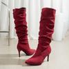Plus Size Solid Knee-High Women's Boots Classics Overshoes Flock Boots Pointed Toe Wide Tube 8CM Thin Heel Fashion Women Shoes