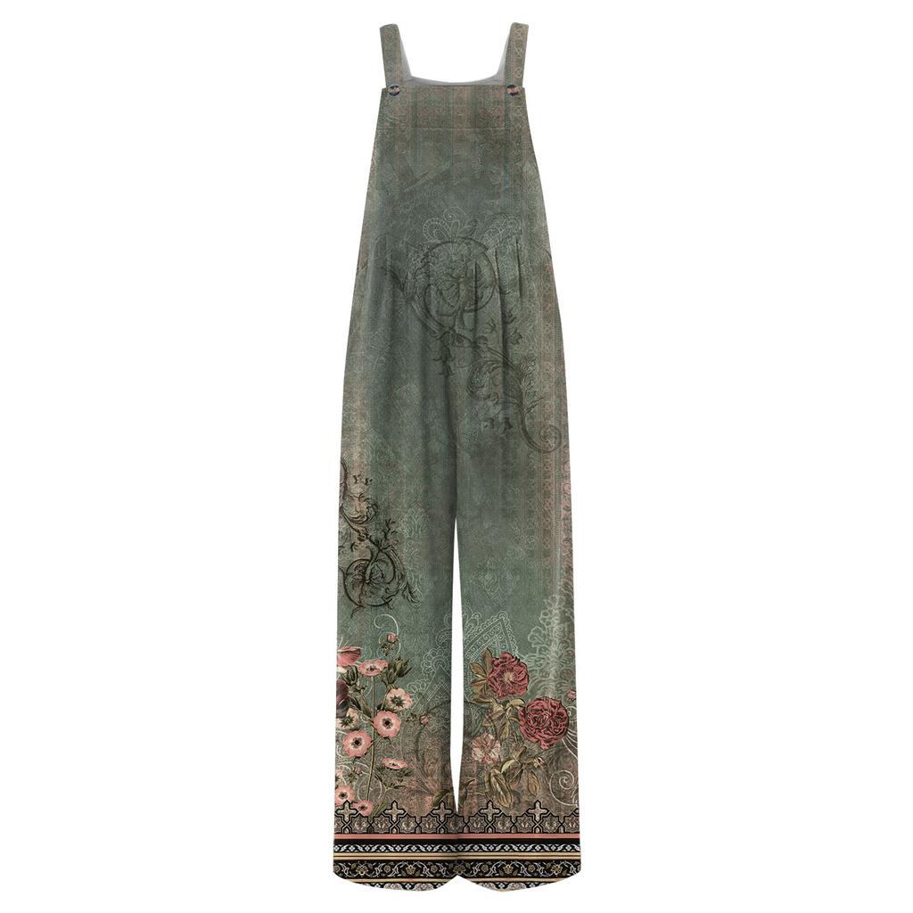 Women's Fashion Casual Loose With Pockets  Sleeveless Printed Jumpsuit