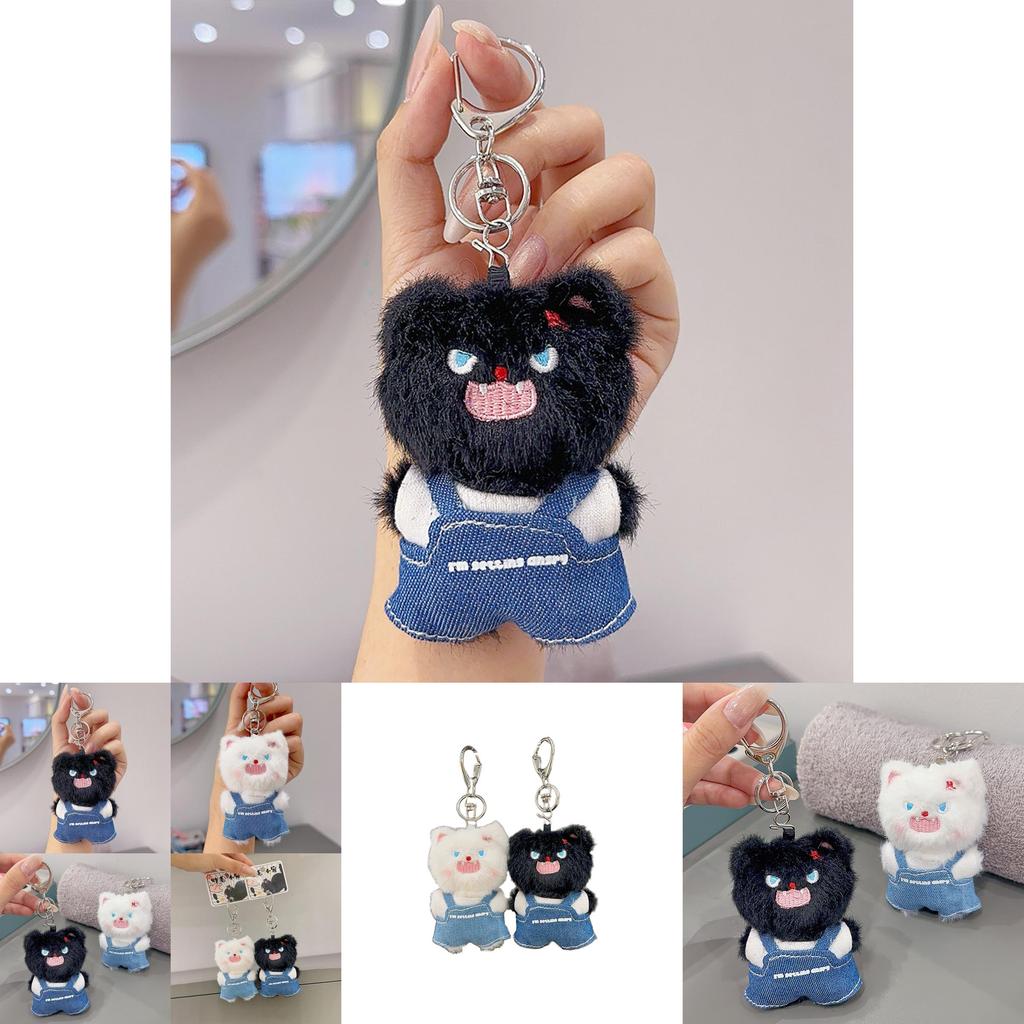 Plüschige wütende Katze Schlüsselanhänger mit Denim-Latzhose für Anime-Sammler und Geschenkgeber