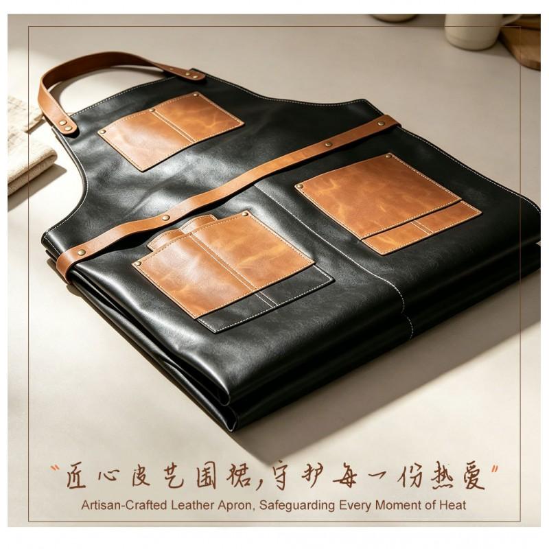 Leather Barber Apron With Adjustable Neck Strap Multiple Pockets Waterproof Oil Resistant Unisex Work Kitchen BBQ Salon