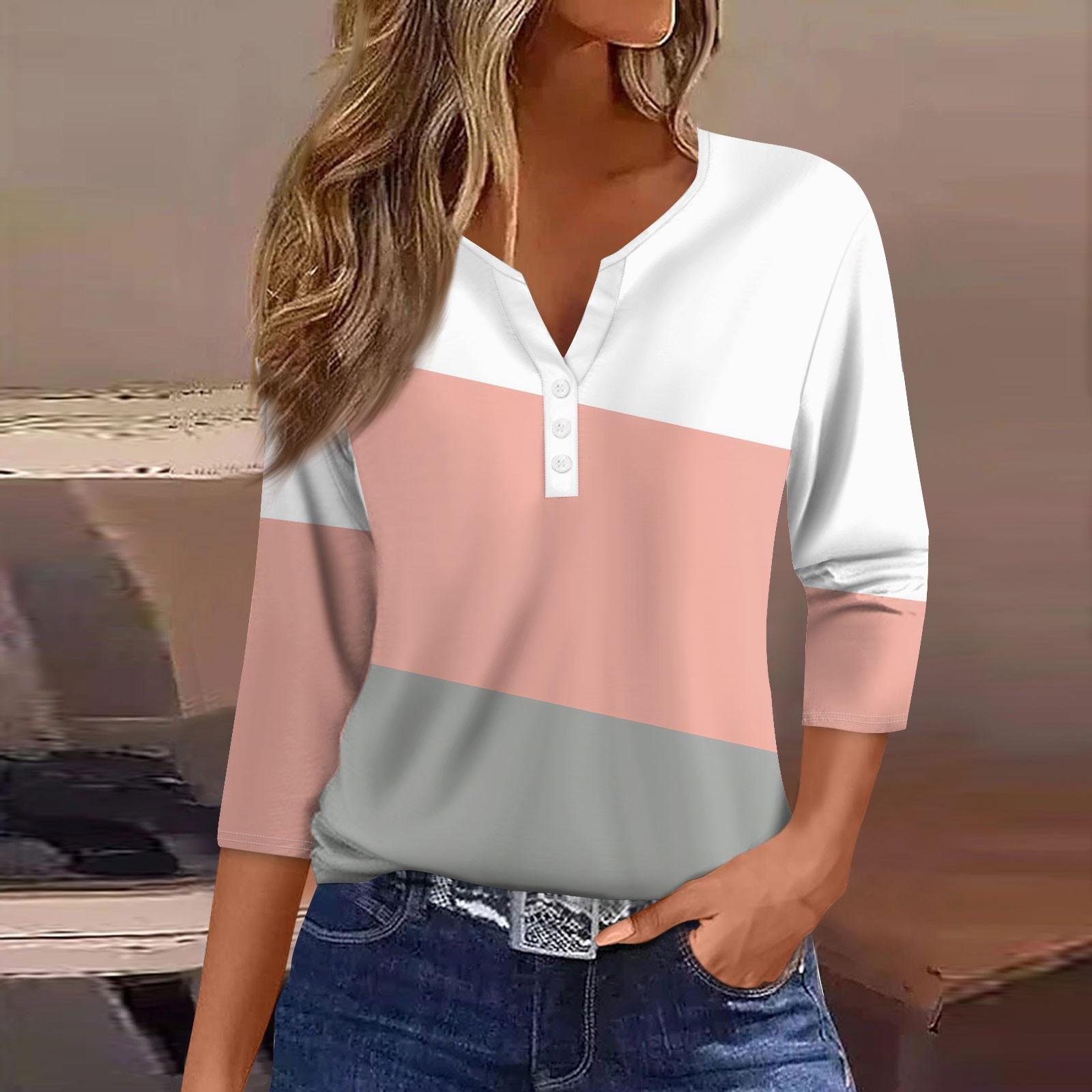 

Жен. Футболка Футболка С принтом Пуговицы Рукав 3/4 Повседневные Выходные Мода Классический V-образный вырез Обычный Топ M розовый