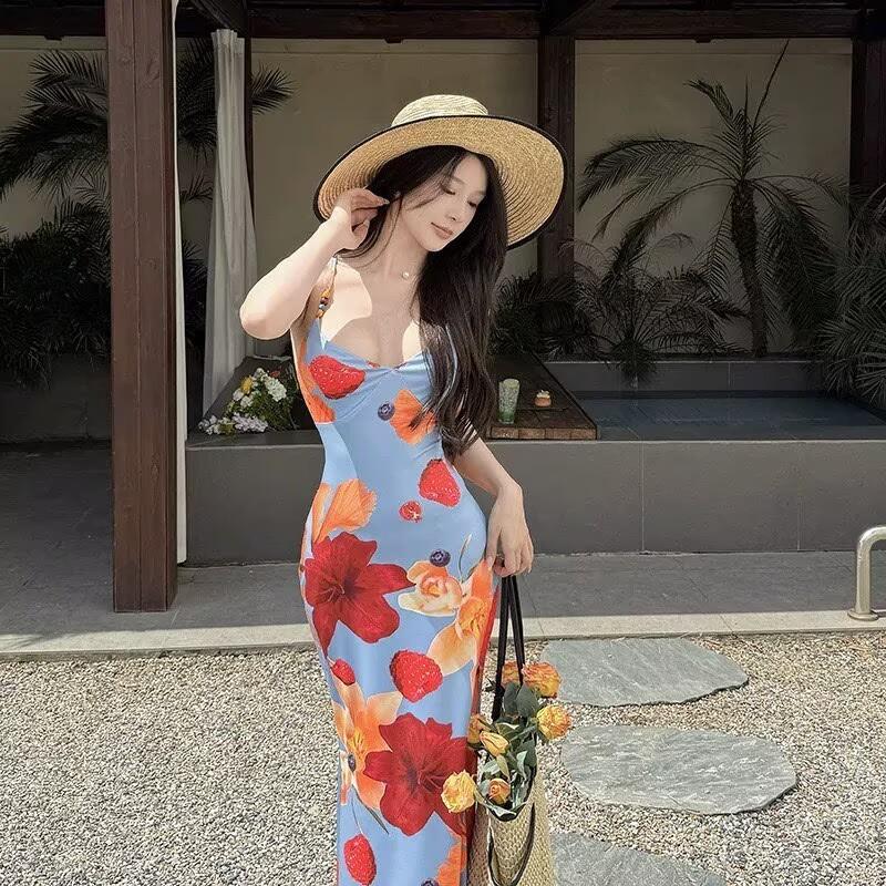 

Dopamine sexy print vacation dress women s new island suspender skirt slim backless strap skirt S синий