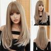 European and American Style Women Long Straight Wig with Blunt Bangs Front Lace Heat Resistant Synthetic Fiber Ombre Gray Wigs