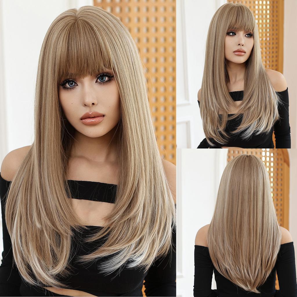 European and American Style Women Long Straight Wig with Blunt Bangs Front Lace Heat Resistant Synthetic Fiber Ombre Gray Wigs