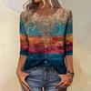 Trendy Vintage 3/4 Sleeve Top For Women,Ladies Casual Three Quarter Sleeve Round Collar Printed T-Shirt Blouse