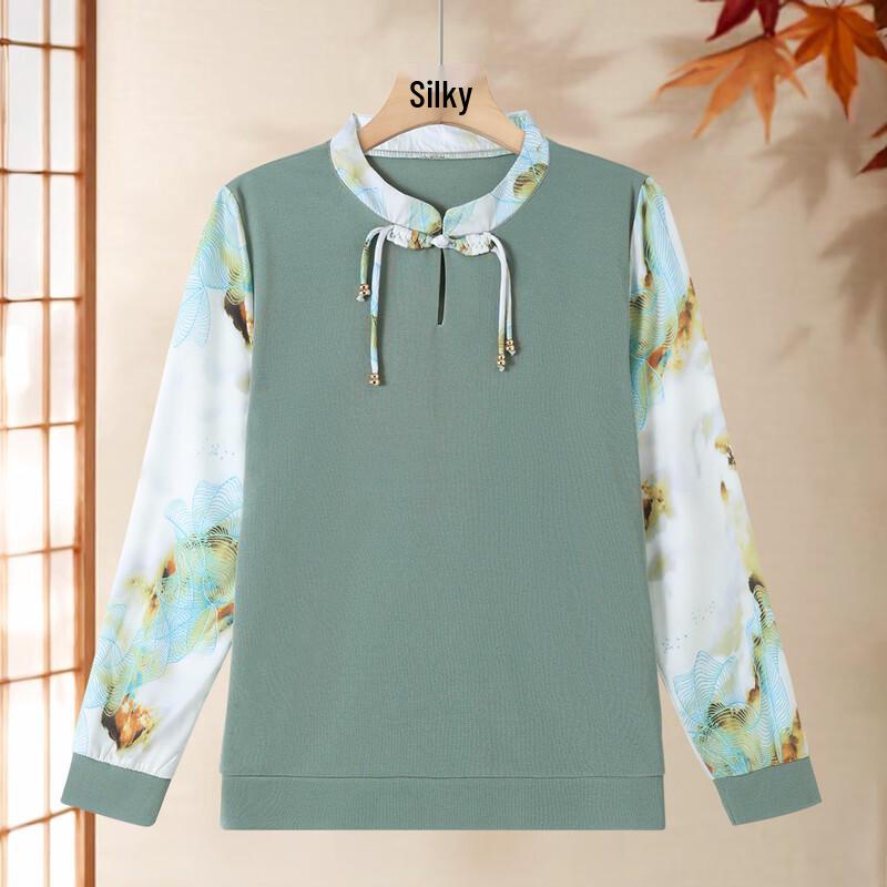SIFONE Women s New Chinese Style Printed Chiffon Sleeve Knit Top 2XL