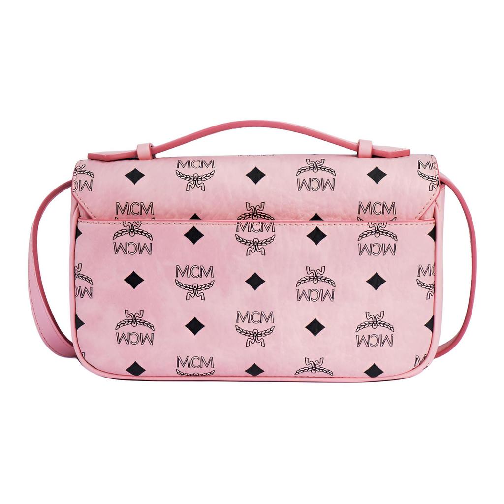 MCM Pink Visetos Leather Flap Top Handle Satchel Crossbody Bag with Gold Hardware for Daily Use