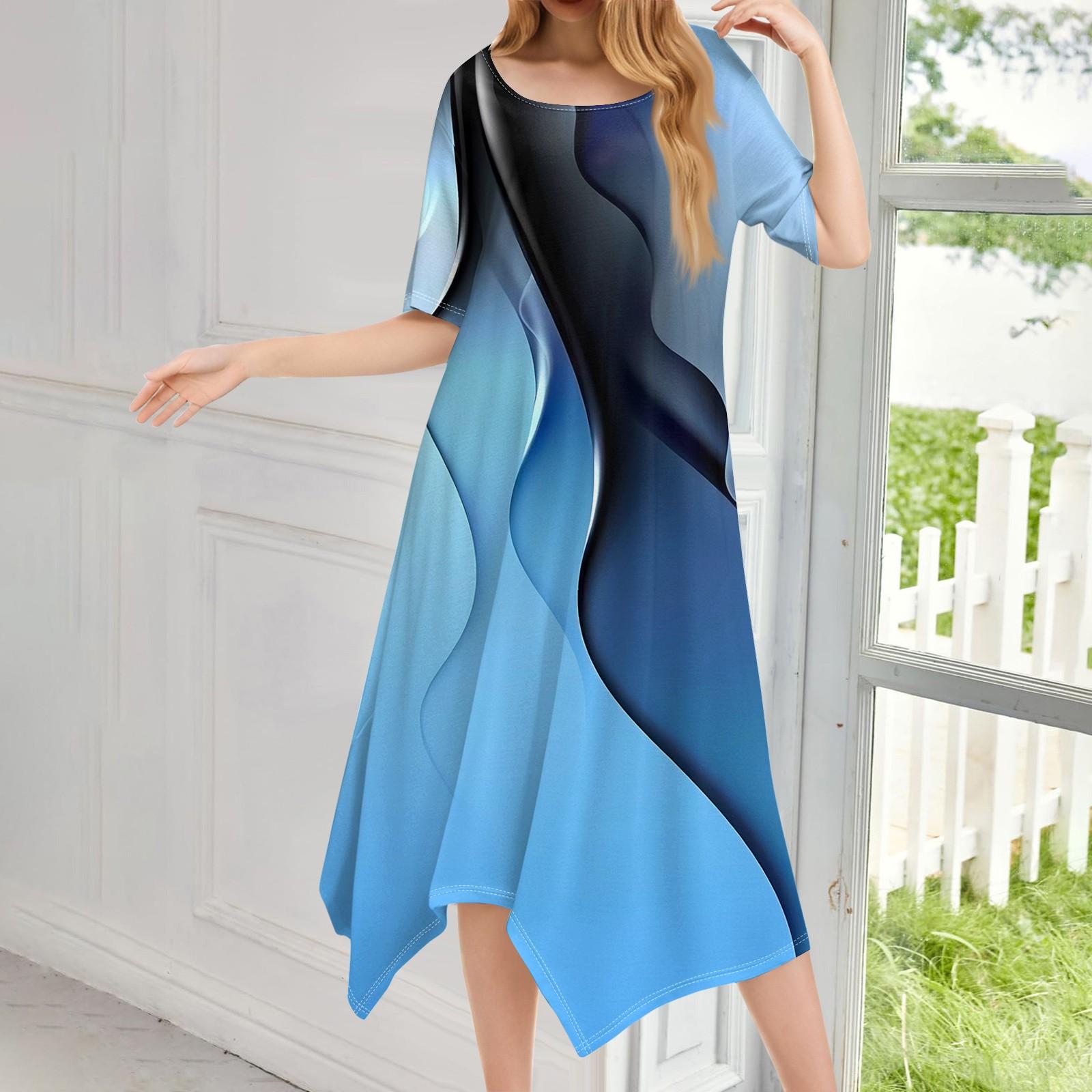 

Женское повседневное модное платье миди с круглым вырезом и коротким рукавом с принтом и неровным подолом L синий