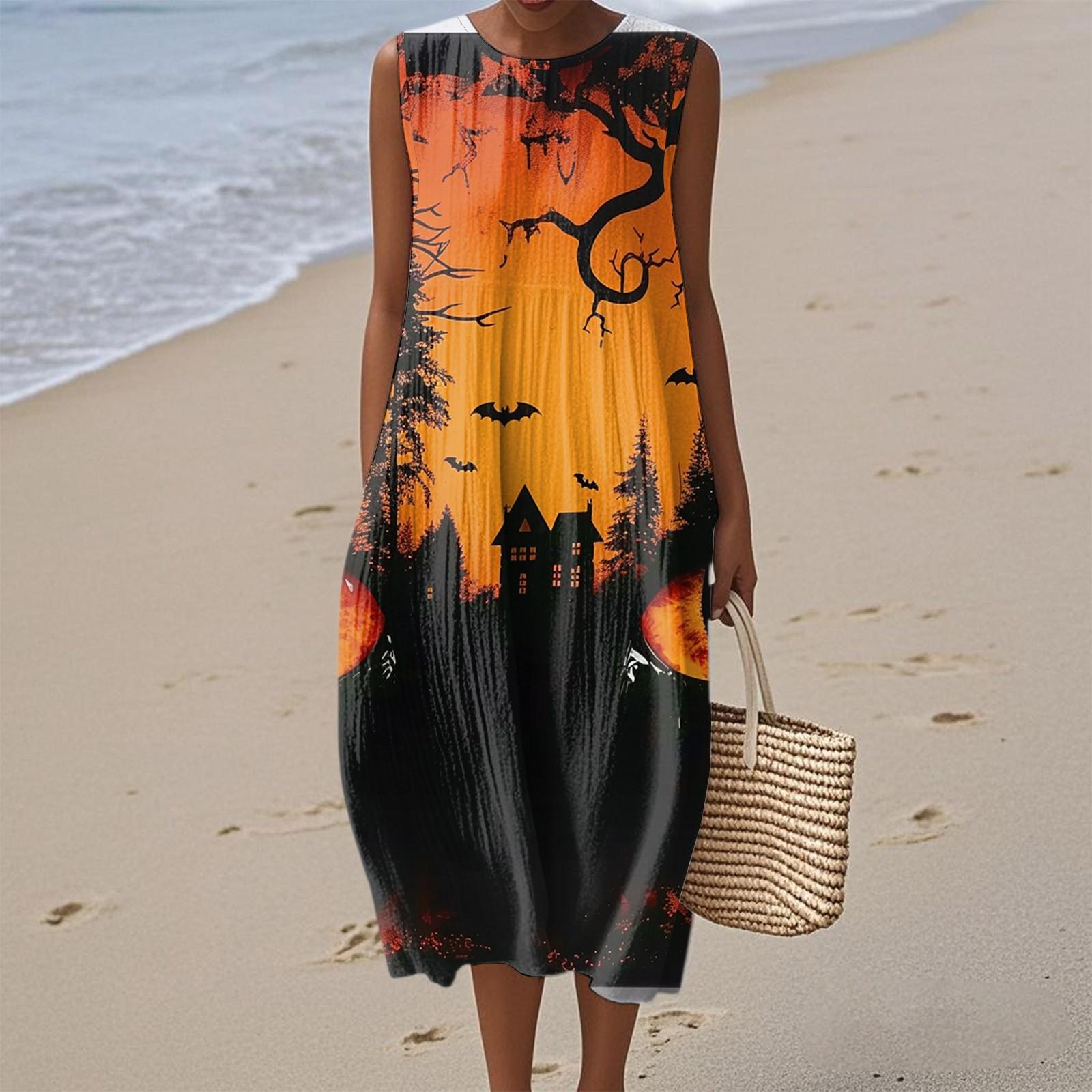 

Женское модное повседневное платье без рукавов с круглым вырезом и молнией, с принтом на Хэллоуин, элегантное и темпераментное XXL оранжевый