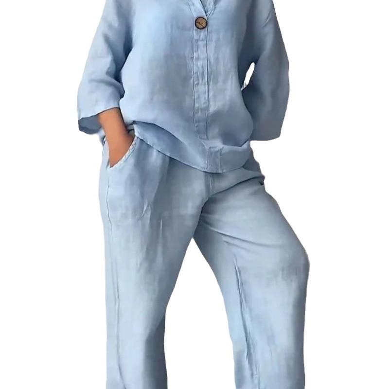2024 Women's Cotton & Linen Casual Solid Color Set