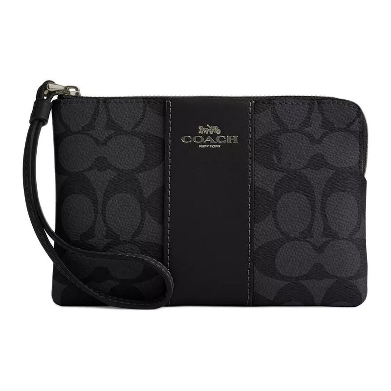 COACH Corner Zip 16 Logo Zip Closure Faux Leather Clutch Small Women s Charcoal and Black чёрный
