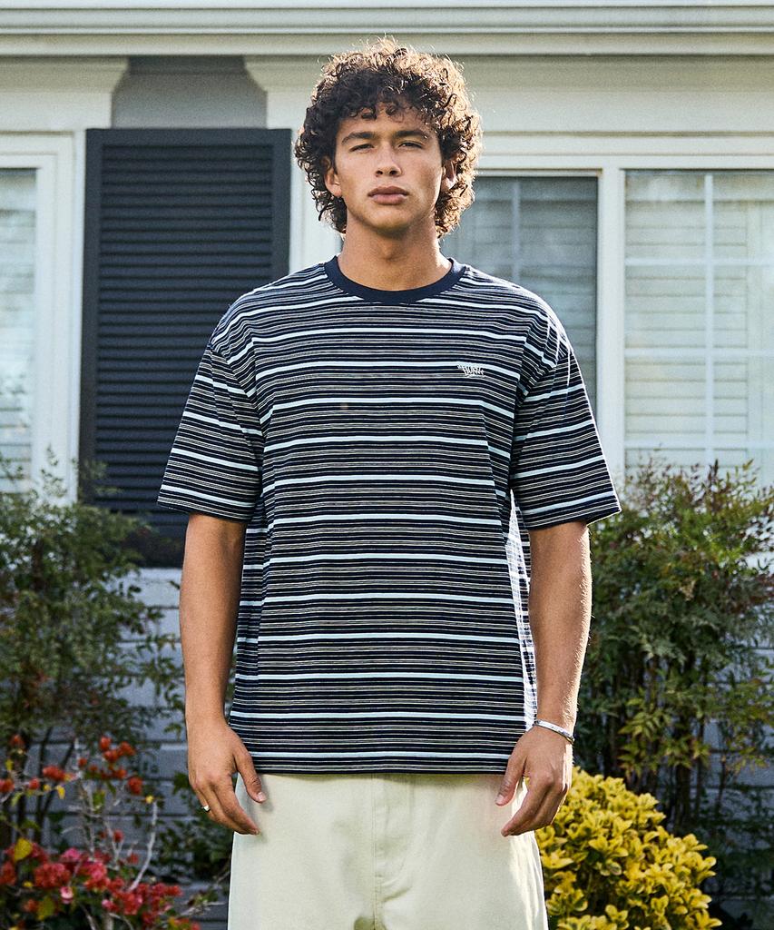 Peullukeu Retro Striped Short Sleeve T-Shirt Navy Fst343