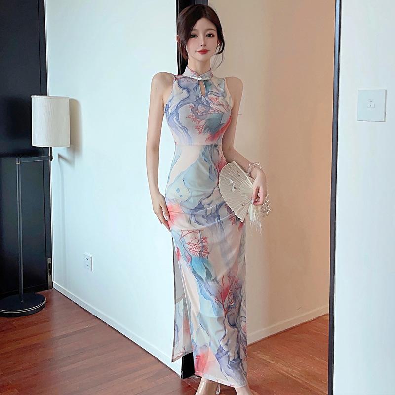 

Женская одежда китайская сетка улучшенный ципао облегающий длинный платье L