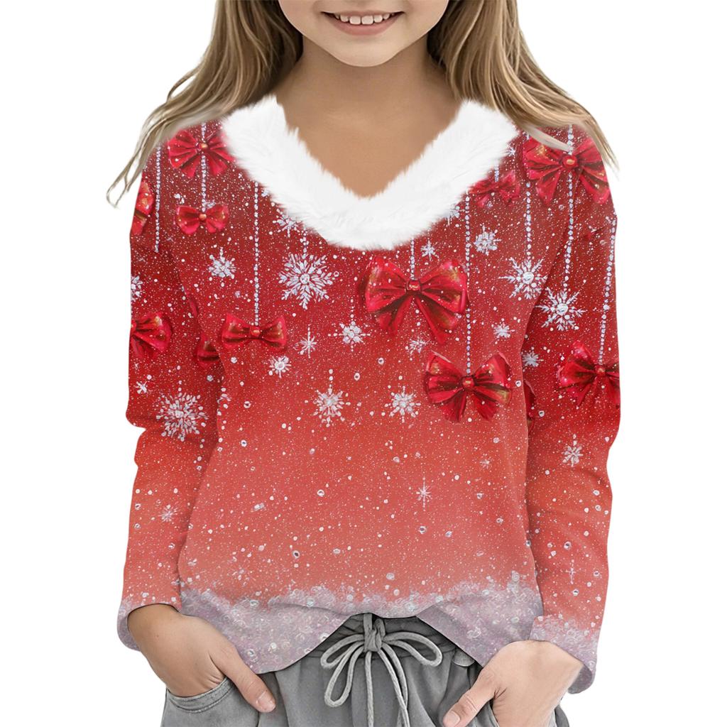 Christmas Day Girls Long Sleeve T Shirts Kids  Girls' V-Neck Tee Christmas Print Long Sleeve Top