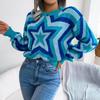 Women Y2K Autumn Winter Contrast Star Long Sleeve Pullover Sweater O Neck Knitted Tops