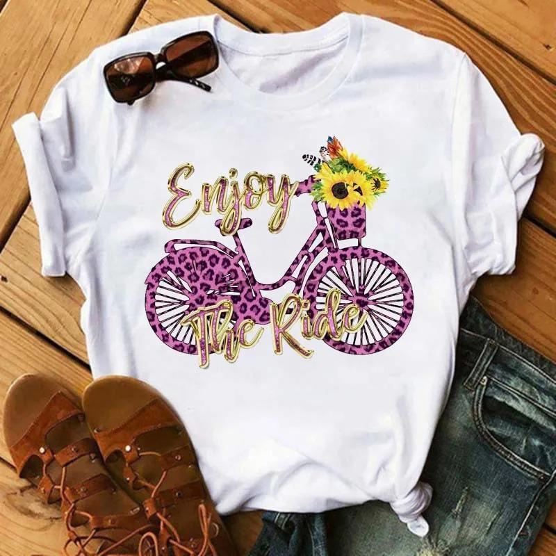 Bicycle Flower Print Tshirt Short Sleeve Round Neck Womens Dress Tops Graphic T Shirts Aesthetic Aesthetic Clothes Kawaii