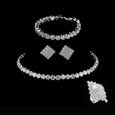 Stylish Shiny Diamond Neck Chain Necklace Earrings Bracelet Set, Nightclub Jewelry