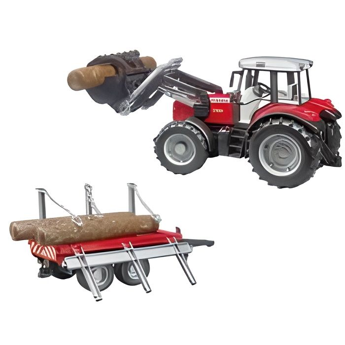 Tracteur MASSEY FERGUSON 7480 Avec Fourche Et Remorque De Transport De Bois - BRUDER