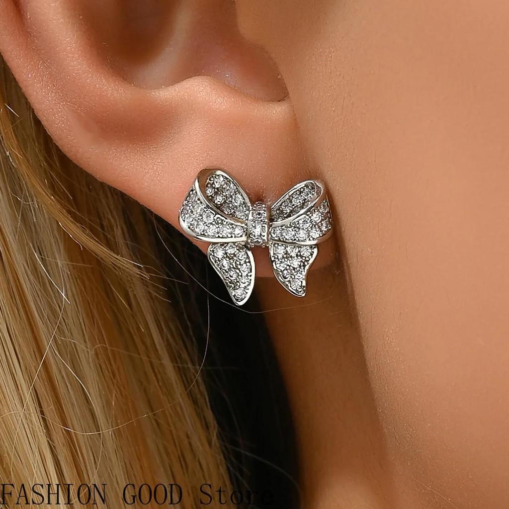 Micro-inlaid zircon earrings bow small and versatile earrings for women Europe and America