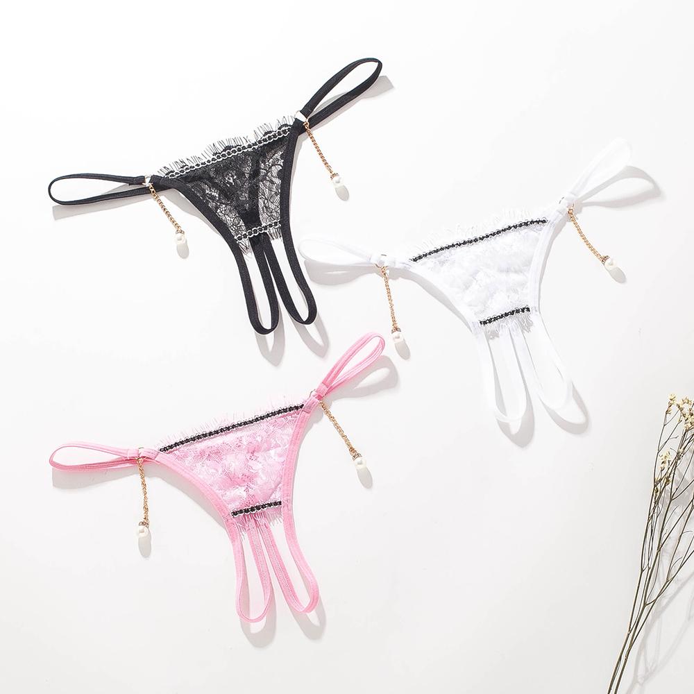 Perlový přívěsek Otevřená tanga Ženy Spodní prádlo Bezrozkrokové výšivky G String Tanga kalhotky Krajka Transparentní Sexy spodní prádlo