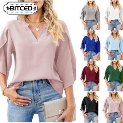 Women's Fashion Casual Solid Color Print V Neck Blouses & Shirts