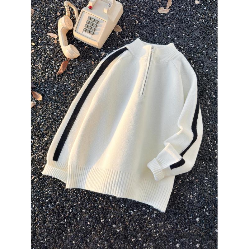 Men s Apricot Half-Zip Stand Collar Knitwear: Plus Velvet, Stripe Patchwork, Winter Outerwear 2XL