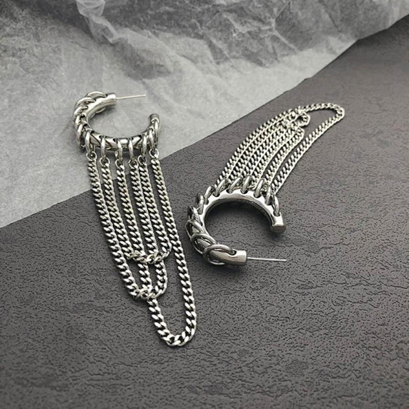 Punk Long Tassels Earrings Exaggerated Chain Ear Hooks for Women Man C-shape Hoop Earrings Ear Loop Fashion Ear Jewelry