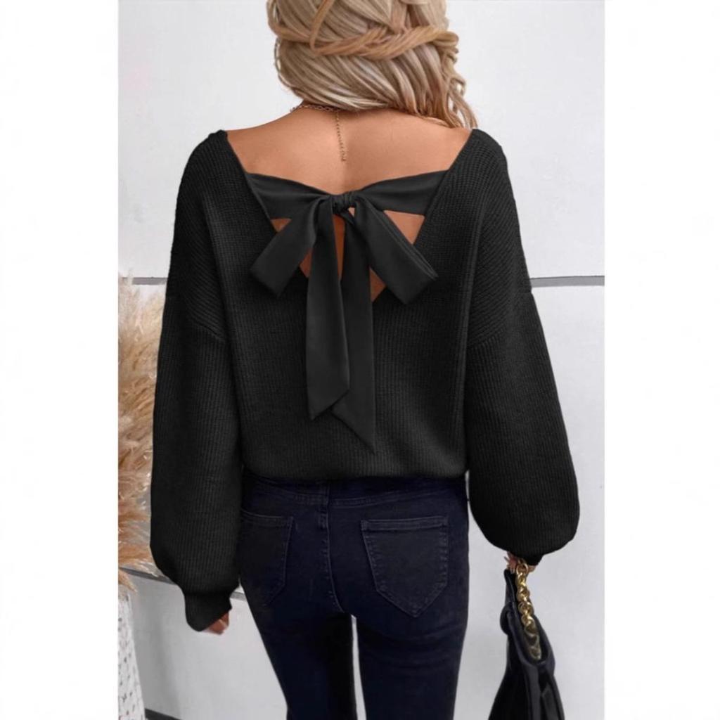 Suéter de Punto de Cuello en V para Mujer Color Sólido Otoño Nuevo Estilo Manga Larga Casual Suelto Top con Lazo para Mujer