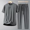 Dad's Summer Casual Suit: Men's Stand-up Collar Ice Silk T-shirt & Quick-Drying Long Pants Set