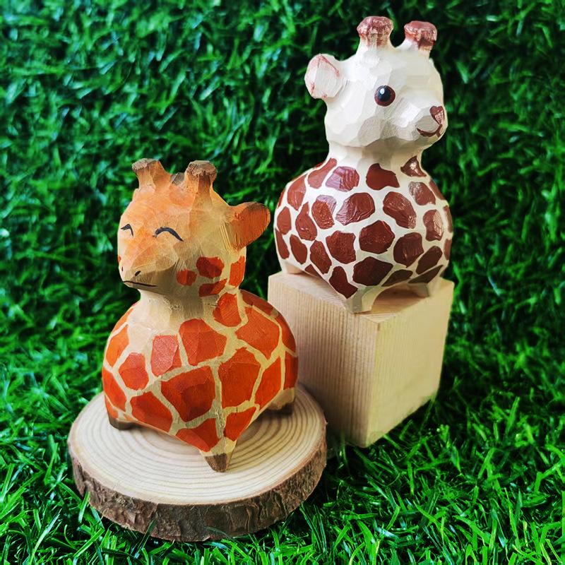 Giraffe Solid Wood Hand-Carved Desktop Ornament for Living Room or Office