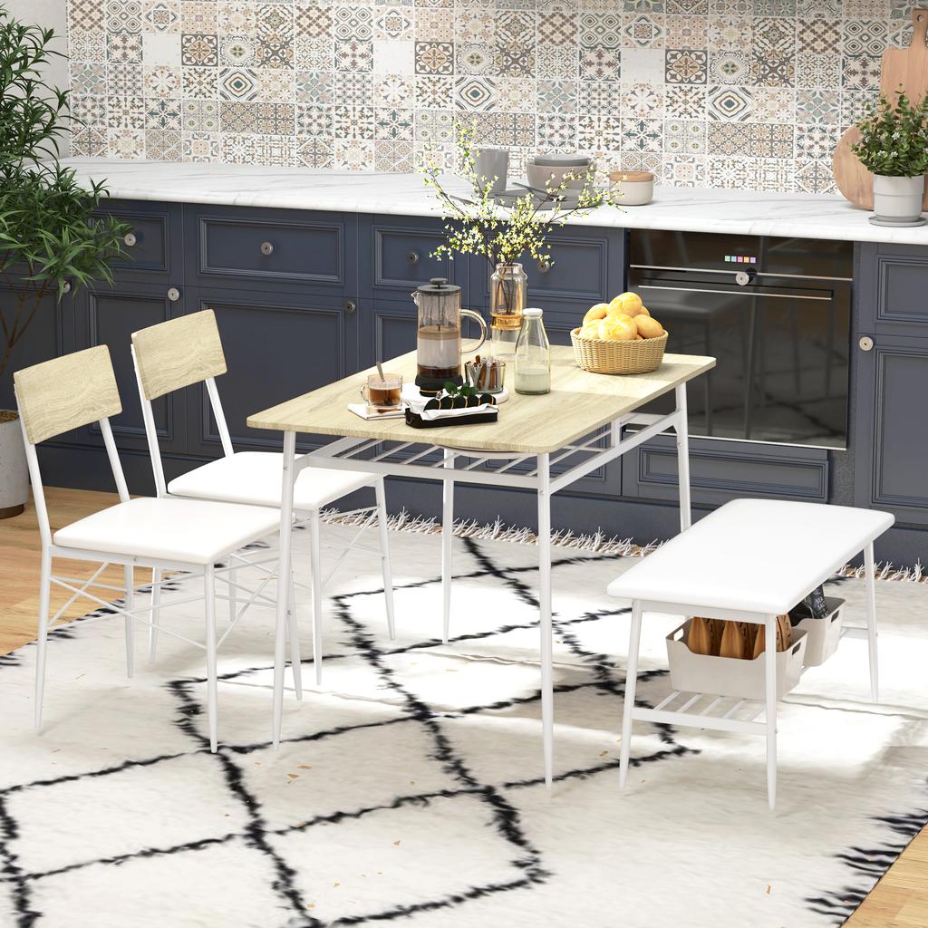 4-Piece Dining Table Set with Chairs and Bench for 4 People, Upholstered Seats, Steel Frame, Wood, Oak
